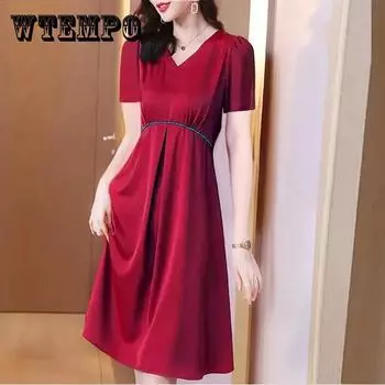 Женское летнее винтажное однотонное платье с высокой талией, элегантное тонкое шифоновое плиссированное повседневное платье с короткими рукавами XXXXL красный