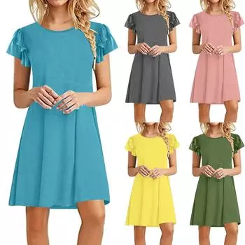 Женское летнее винтажное однотонное свободное платье с круглым вырезом и баской и короткими рукавами XXXL циан