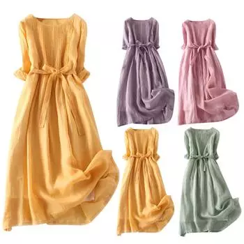 Женское летнее винтажное платье на шнуровке, длинная хлопковая и конопляная юбка с рукавами семь точек, свободная и тонкая юбка с большим шлейфом и вышивкой L зелёный