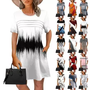 Женское летнее винтажное платье с цветным лоскутным принтом, повседневное платье с коротким рукавом и круглым карманом XXL