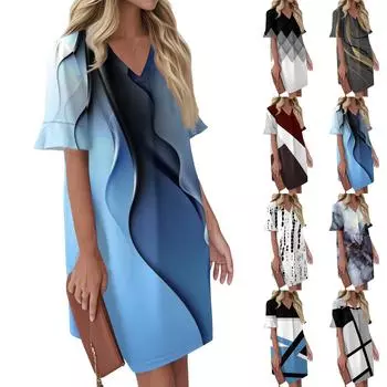 Женское летнее винтажное платье с цветным лоскутным принтом, плиссированное, с коротким рукавом, V-образным вырезом и карманом-завязкой XXL синий