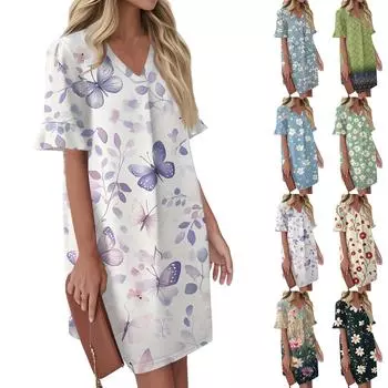 Женское летнее винтажное платье с цветным лоскутным принтом, плиссированное, с коротким рукавом, V-образным вырезом и карманом-завязкой XL