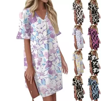 Женское летнее винтажное платье с цветным лоскутным принтом, плиссированное, с коротким рукавом, V-образным вырезом и карманом-завязкой XXL