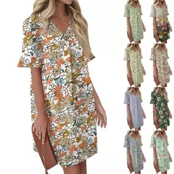 Женское летнее винтажное платье с цветным лоскутным принтом, плиссированное, с коротким рукавом, V-образным вырезом и карманом-завязкой L