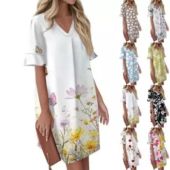 Женское летнее винтажное платье с цветным лоскутным принтом, плиссированное, с коротким рукавом, V-образным вырезом и карманом-завязкой S белый