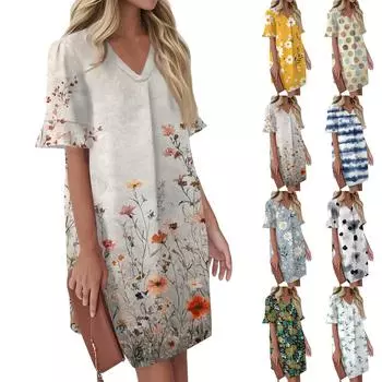 Женское летнее винтажное платье с цветным лоскутным принтом, плиссированное, с коротким рукавом, V-образным вырезом и карманом-завязкой S