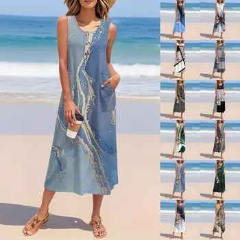 Женское летнее винтажное платье с цветными блоками и принтом в стиле пэчворк, без рукавов, на пуговицах, повседневное свободное длинное пляжное платье-сарафан XXL