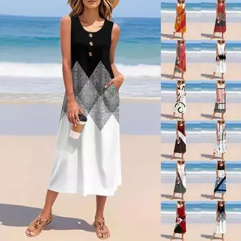 Женское летнее винтажное платье с цветными блоками и принтом в стиле пэчворк, без рукавов, на пуговицах, повседневное свободное длинное пляжное платье-сарафан M синий