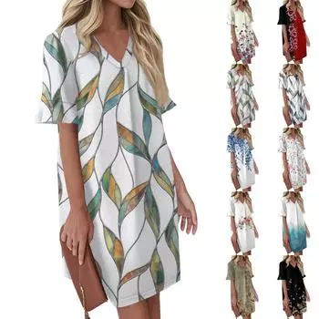 Женское летнее винтажное платье с цветочным принтом, плиссированное, с коротким рукавом, V-образным вырезом, карманом-завязкой, повседневное платье L