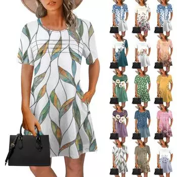 Женское летнее винтажное платье с цветочным принтом, повседневное платье с коротким рукавом и круглым карманом L армия зеленый