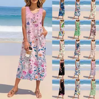 Женское летнее винтажное платье с цветочным принтом в стиле пэчворк без рукавов на пуговицах, повседневное свободное длинное пляжное платье-сарафан M