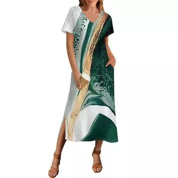 Женское летнее винтажное платье с принтом в стиле пэчворк, пляжное платье с коротким рукавом и карманом, повседневное платье с V-образным вырезом и боковыми разрезами L армия зеленый