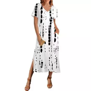 Женское летнее винтажное платье с принтом в стиле пэчворк, пляжное платье с коротким рукавом и карманом, повседневное платье с V-образным вырезом и боковыми разрезами L чёрный
