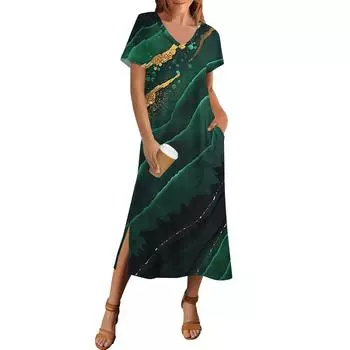 Женское летнее винтажное платье с принтом в стиле пэчворк, пляжное платье с коротким рукавом и карманом, повседневное платье с V-образным вырезом и боковыми разрезами XL