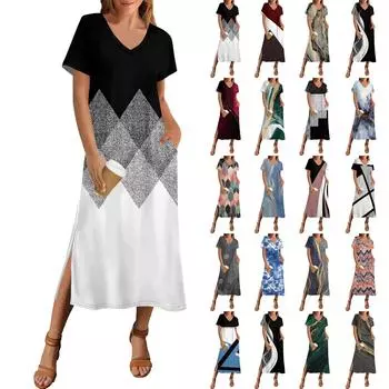 Женское летнее винтажное платье с принтом в стиле пэчворк, пляжное платье с коротким рукавом и карманом, повседневное платье с V-образным вырезом и боковыми разрезами XXXL