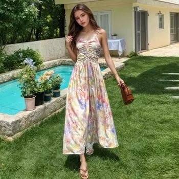 Женское летнее винтажное платье с принтом масляной живописи в праздничном стиле с лямкой на талии и лямкой на шее M