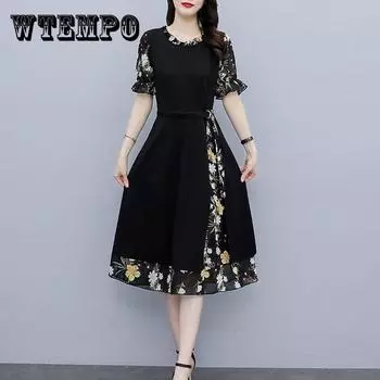 Женское летнее винтажное повседневное платье с короткими рукавами, тонкое шифоновое платье средней длины с высокой талией и цветочным принтом, праздничное платье средней длины XXXXL