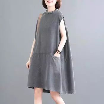 Женское летнее винтажное свободное джинсовое платье без рукавов свободного покроя повседневные праздничные платья с карманом L серый