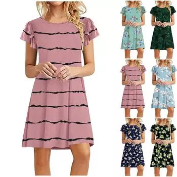 Женское летнее винтажное свободное платье с баской и короткими рукавами с круглым вырезом и принтом XL