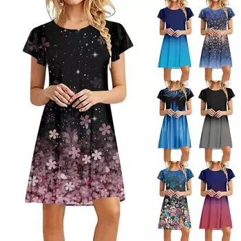 Женское летнее винтажное свободное платье с баской и короткими рукавами с круглым вырезом и принтом M синий