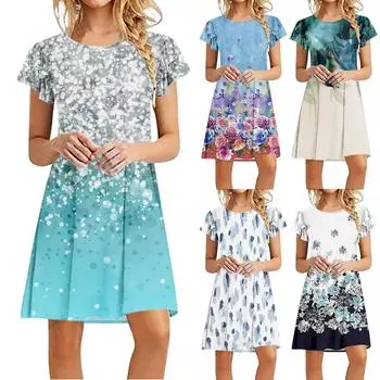 Женское летнее винтажное свободное платье с баской и короткими рукавами с круглым вырезом и принтом M синий