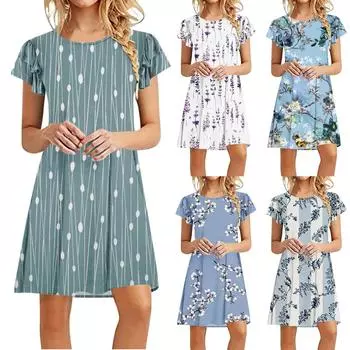Женское летнее винтажное свободное платье с баской и короткими рукавами с круглым вырезом и принтом XXXL синий