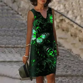 Женское летнее зеленое платье с v-образным вырезом и принтом бабочки, повседневное модное платье без рукавов, повседневные свободные сексуальные платья размера плюс XS-8XL XS фиолетовый