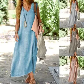Женское лето 2022, повседневное модное однотонное платье средней длины из хлопка и конопли с короткими рукавами XXL серый
