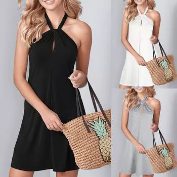 Женское лето 2022, повседневное модное однотонное платье без рукавов с запахом на груди M чёрный