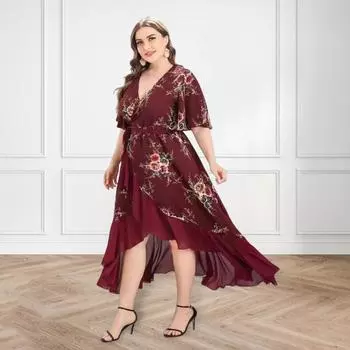 Женское лето плюс размер V-образный вырез с рюшами в стиле пэчворк Узкая талия из шифона с цветочным принтом Нерегулярный подол в стиле ретро 2XL чёрный