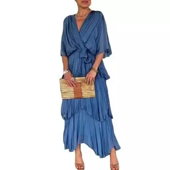 Женское летящее шифоновое платье для гостьи на свадьбе, с оборками, рукавом до локтя, завышенной талией, присборенное платье-запах, V-образным вырезом, многоярусное платье-свинг L