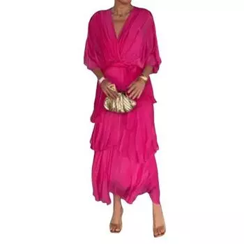 Женское летящее шифоновое платье для гостьи на свадьбе, с оборками, рукавом до локтя, завышенной талией, присборенное платье-запах, V-образным вырезом, многоярусное платье-свинг M розы красного