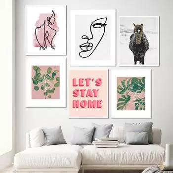 Женское лицо Абстрактная линия Акварель Холст Плакат Зеленое растение Художественный принт Животное Лошадь Настенная живопись Картина для украшения дома 21*30cm