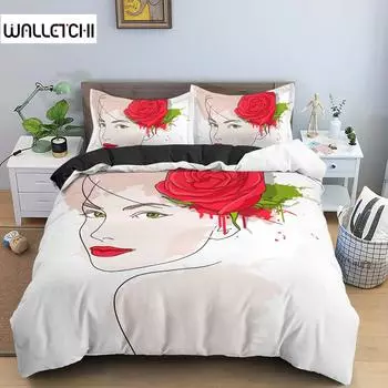 Женское лицо, линии, эскиз, король, королева, пододеяльник, женский портрет, роза, комплект постельного белья, простые штрихи, цветок, полиэстер, одеяло, чехол EU single(135x200cm)