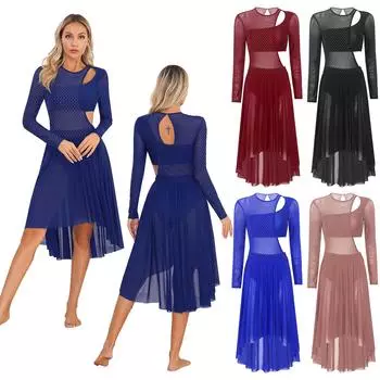 Женское лирическое танцевальное платье с длинным рукавом, прозрачная сетка, аппликация из страз, асимметричный подол, сценический костюм S темно-синий