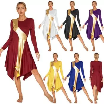 Женское лирическое танцевальное платье с асимметричным подолом и длинными рукавами, лоскутный костюм для выступлений на сцене S бордовый