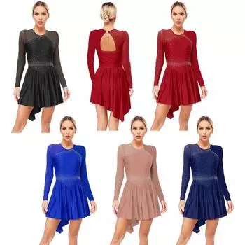 Женское лирическое танцевальное платье, современная танцевальная одежда, костюм для фигурного катания, купальник с блестками, сетчатая тюлевая юбка S бордовый