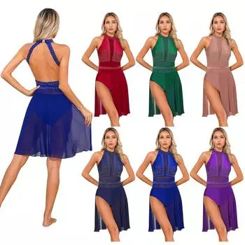 Женское лирическое танцевальное трико со стразами, прозрачная сетка, открытая спина, без рукавов, сценическое платье для выступлений S темно-синий