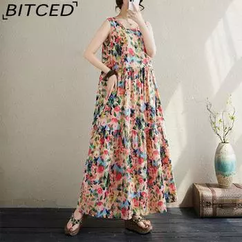 Женское литературное винтажное длинное платье, летний пуловер с круглым вырезом, платья с короткими рукавами One Size разноцветный