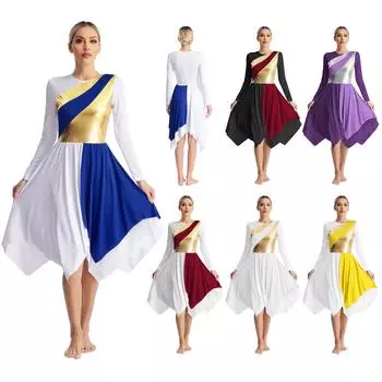 Женское литургическое лирическое танцевальное платье с длинным рукавом металлического контрастного цвета, асимметричные платья для выступлений S синий