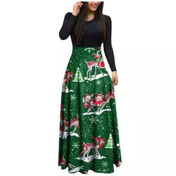 Женское лоскутное длинное платье с длинным рукавом и круглым вырезом с рождественским принтом M зелёный
