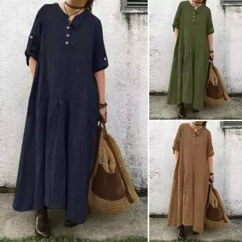 Женское лоскутное длинное платье с v-образным вырезом, платье-рубашка на пуговицах, платье-рубашка с закатанными рукавами, однотонное свободное платье с круглым вырезом для офиса, повседневной жизни, летняя пляжная вечеринка 2XL темно-синий