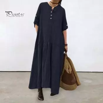 Женское лоскутное длинное платье с v-образным вырезом, платье-рубашка на пуговицах, платье-рубашка с закатанными рукавами, однотонное свободное платье с круглым вырезом для офиса, повседневной жизни, летняя пляжная вечеринка 2XL темно-синий