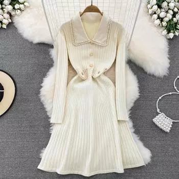 Женское маленькое ароматное трикотажное платье-свитер с лацканами, женские осенне-зимние джемперы, нижние платья One Size слоновая кость