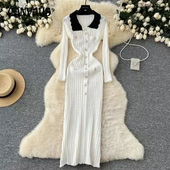 Женское маленькое парфюмерное платье в стиле ретро с отворотом цвета столкновения, длинными рукавами, металлической пряжкой, тонкое, темпераментное, вертикальное трикотажное платье One size красный