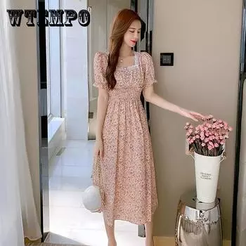 Женское маленькое свежее милое винтажное праздничное платье, тонкое, с высокой талией, квадратным вырезом, элегантное кружевное платье с цветочным принтом XXL