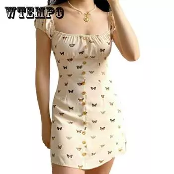 Женское маленькое свежее платье с квадратным вырезом и принтом бабочки, тонкое элегантное платье трапециевидной формы с короткими рукавами, праздничное платье XXL