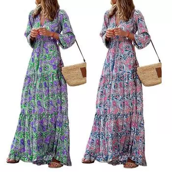 Женское макси-платье Длинное праздничное платье с V-образным вырезом и принтом в стиле бохо Дамы Su S красный