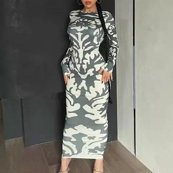 Женское макси-платье с геометрическим принтом и длинным рукавом с круглым вырезом и открытой спиной, облегающее облегающее платье L зелёный