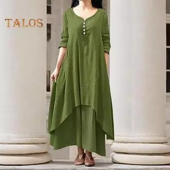 Женское макси-платье с карманами, рукавами девятой длины, круглым вырезом, неровным многослойным подолом, пляжное платье больших размеров, свободное однотонное платье для свиданий, повседневная одежда M зелёный